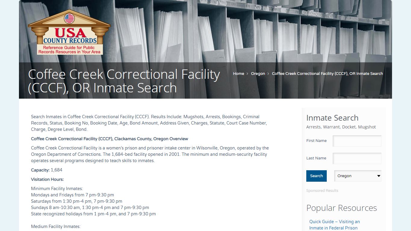 Coffee Creek Correctional Facility (CCCF), OR Inmate Search