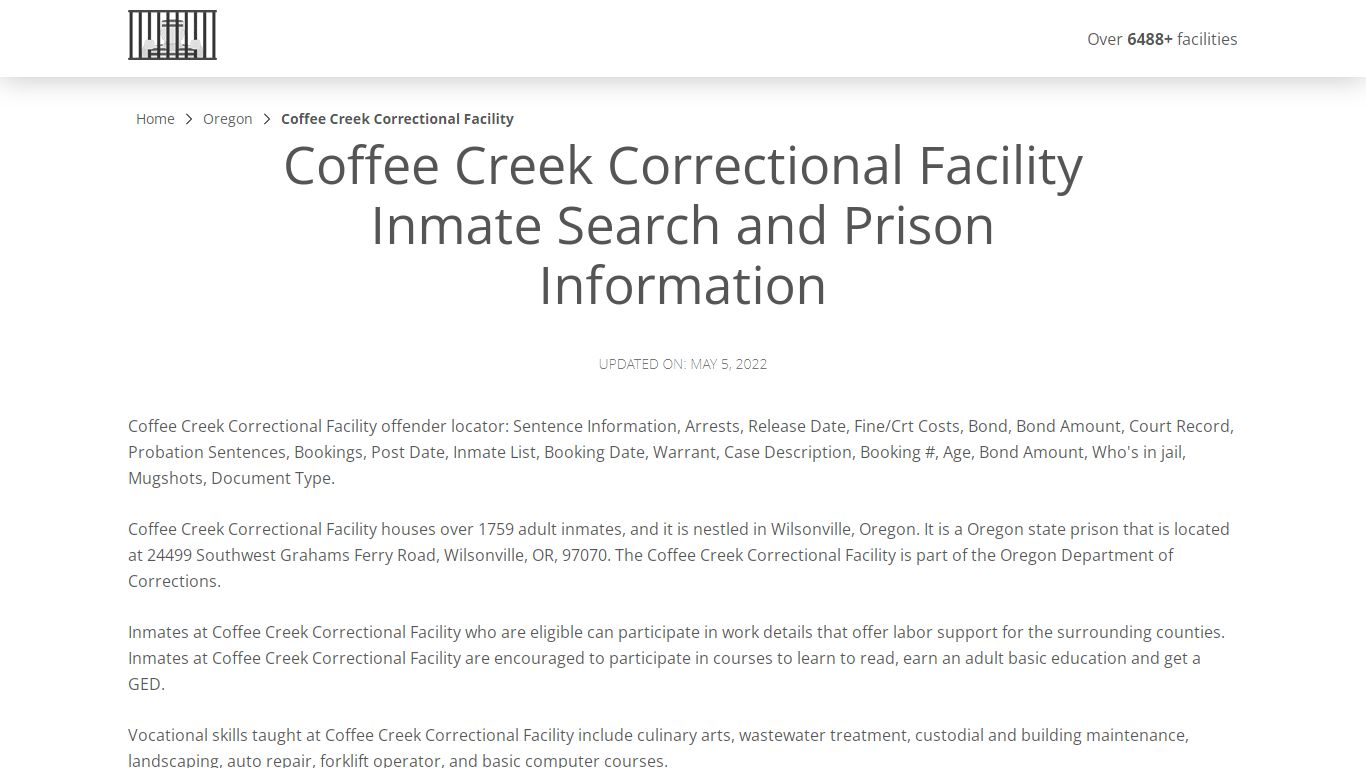 Coffee Creek Correctional Facility Inmate Search ...